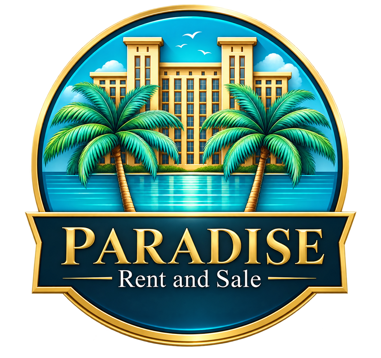 Logotipo de un resort de lujo con palmeras, océano y el texto “PARADISE Rent and Sale”.