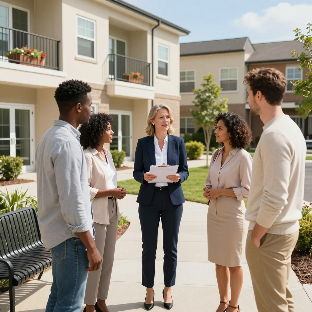 People conversing in a courtyard outside modern apartment buildings, one holding papers.