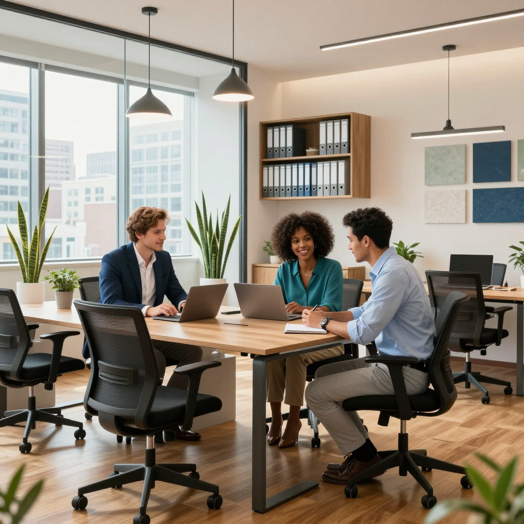 Three coworkers meeting around a wooden table in a bright modern office with laptops and chairs.