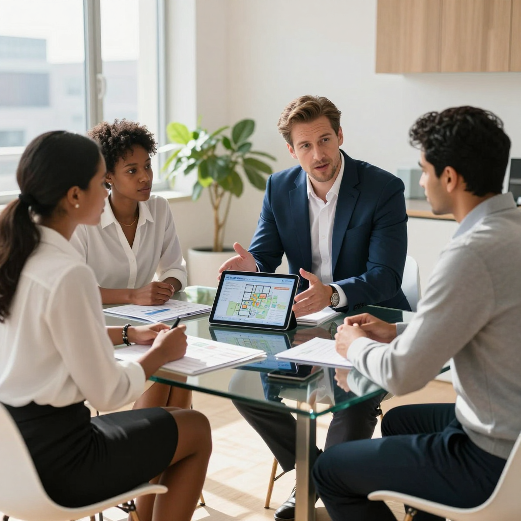 Four coworkers in a bright office meeting around a laptop and glass table, discussing together