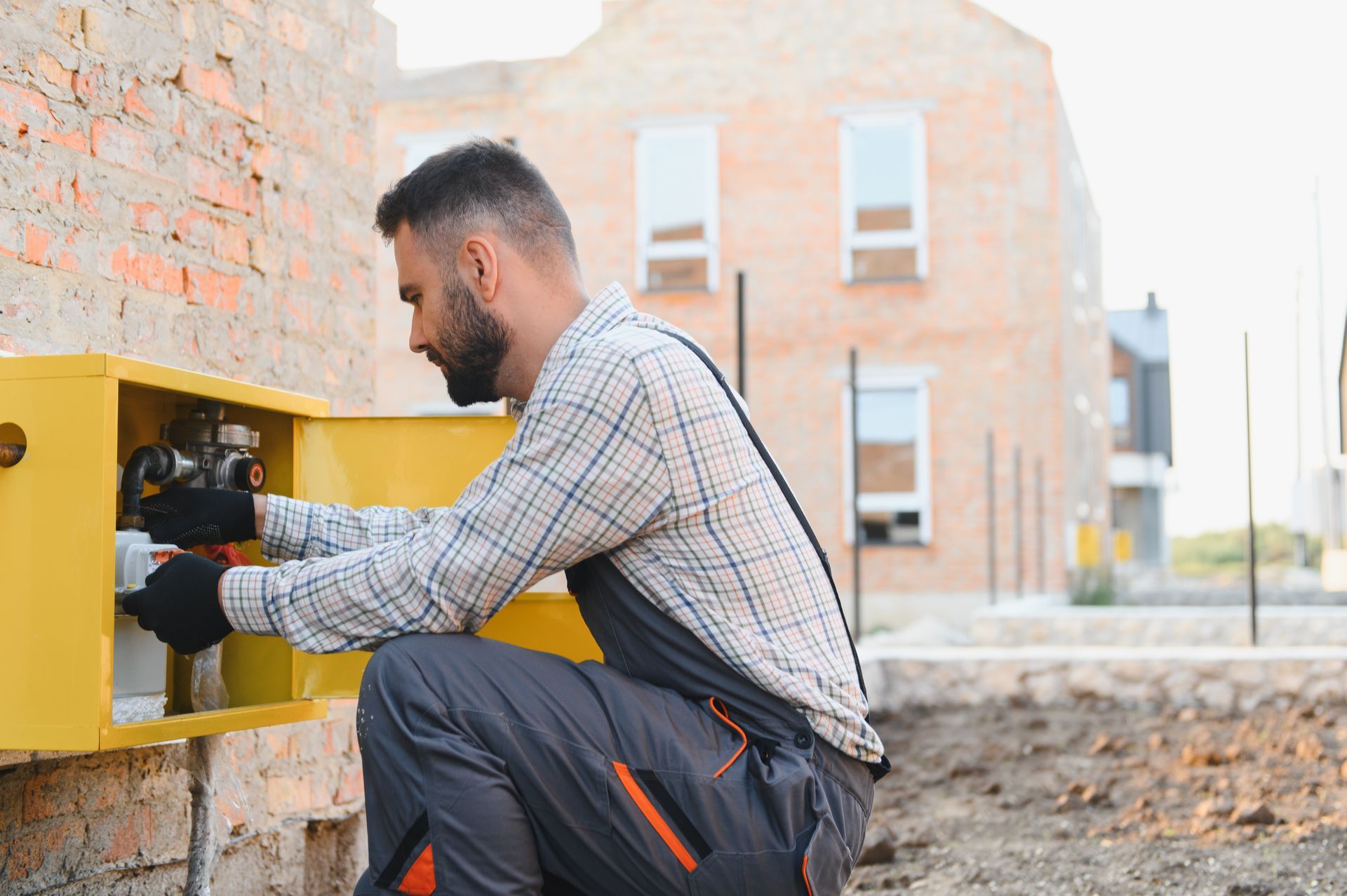 Technician crouches beside a yellow electrical box, working with tools outdoors near brick buildings.