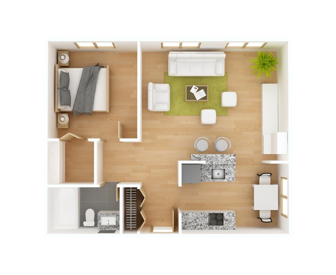 Top-down floor plan of a modern one-bedroom apartment with living area, kitchen, bedroom, and bath.