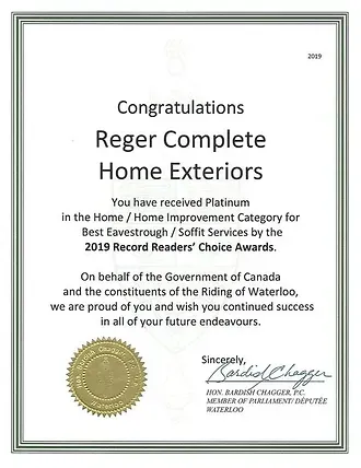 Congratulations reger complete home exteriors you have received platinum