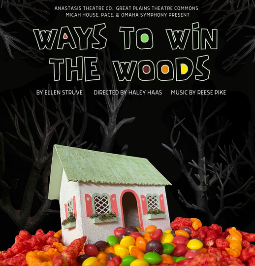 Poster for “Ways to Win the Woods” with a small white house and colorful candy-like pile on a dark forest background.