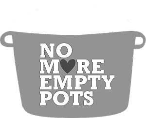 Gray pot icon with bold text: “NO MORE EMPTY POTS,” the O as a heart.