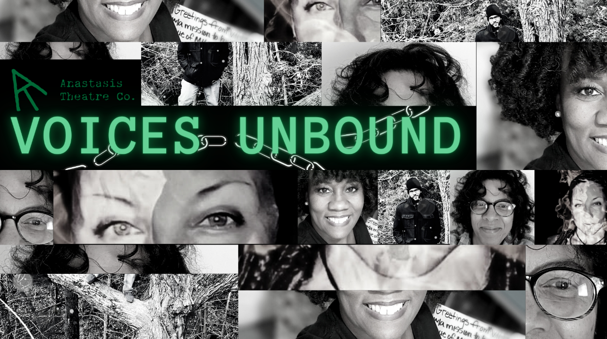 Black-and-white collage of smiling faces with neon green text reading “VOICES UNBOUND”