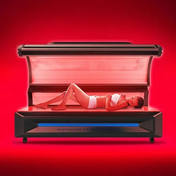 A woman is laying in a tanning bed on a red background.