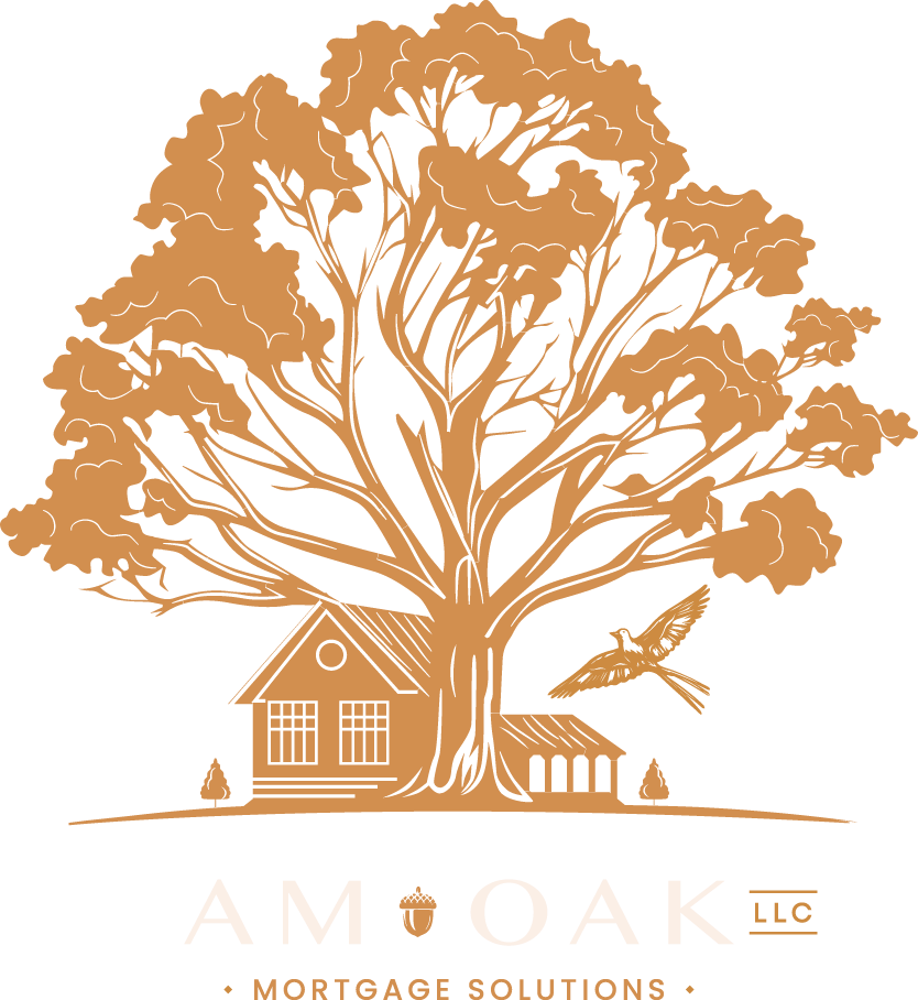 A logo for am oak mortgage solutions shows a house under an oak tree