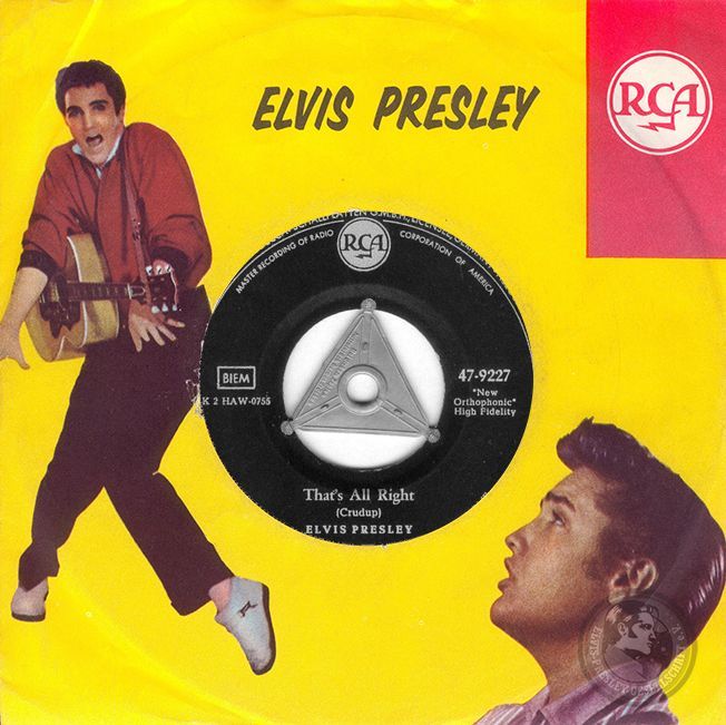 Elvis Presley RCA-Schallplattenhülle mit leuchtend gelbem Hintergrund und seiner schwarzen Vinyl-Single „That's All Right“