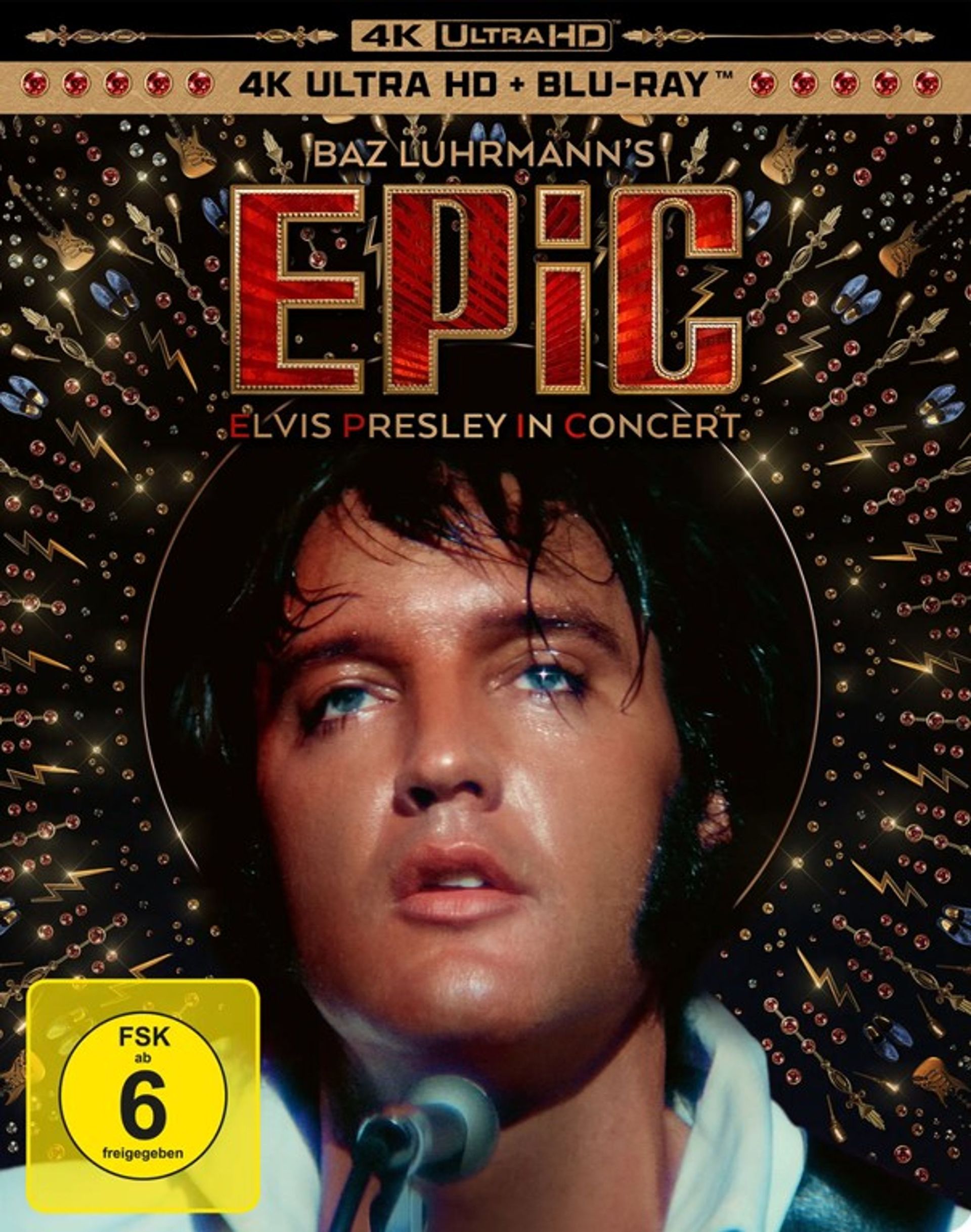 Konzertplakat von Elvis Presley mit einem Nahaufnahme-Porträt und rotem EPIC-Schriftzug auf schwarzem Konfetti-Hintergrund