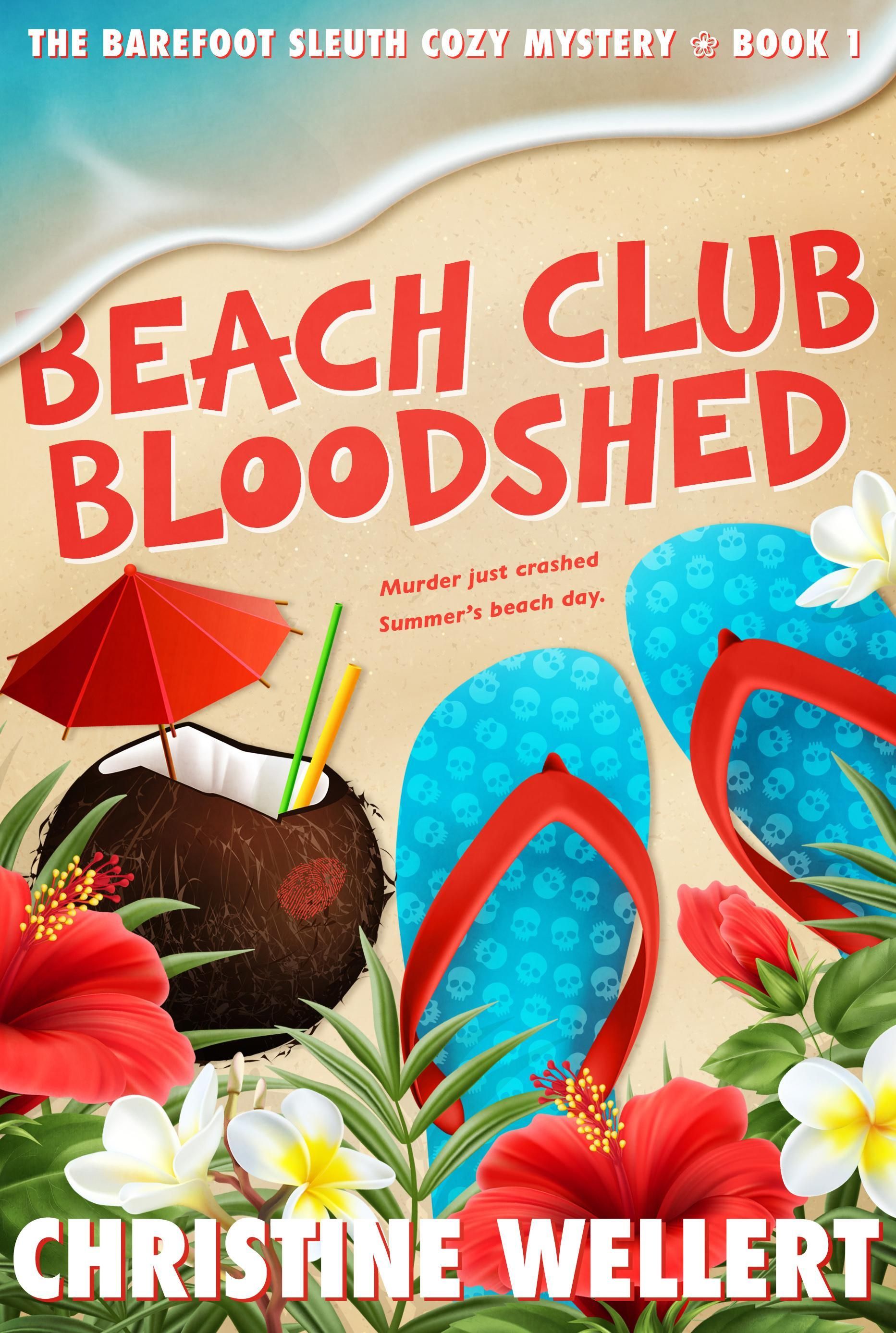 Book cover: Waikoloa Warfare, beach ball on sand, palm leaves, pink title.