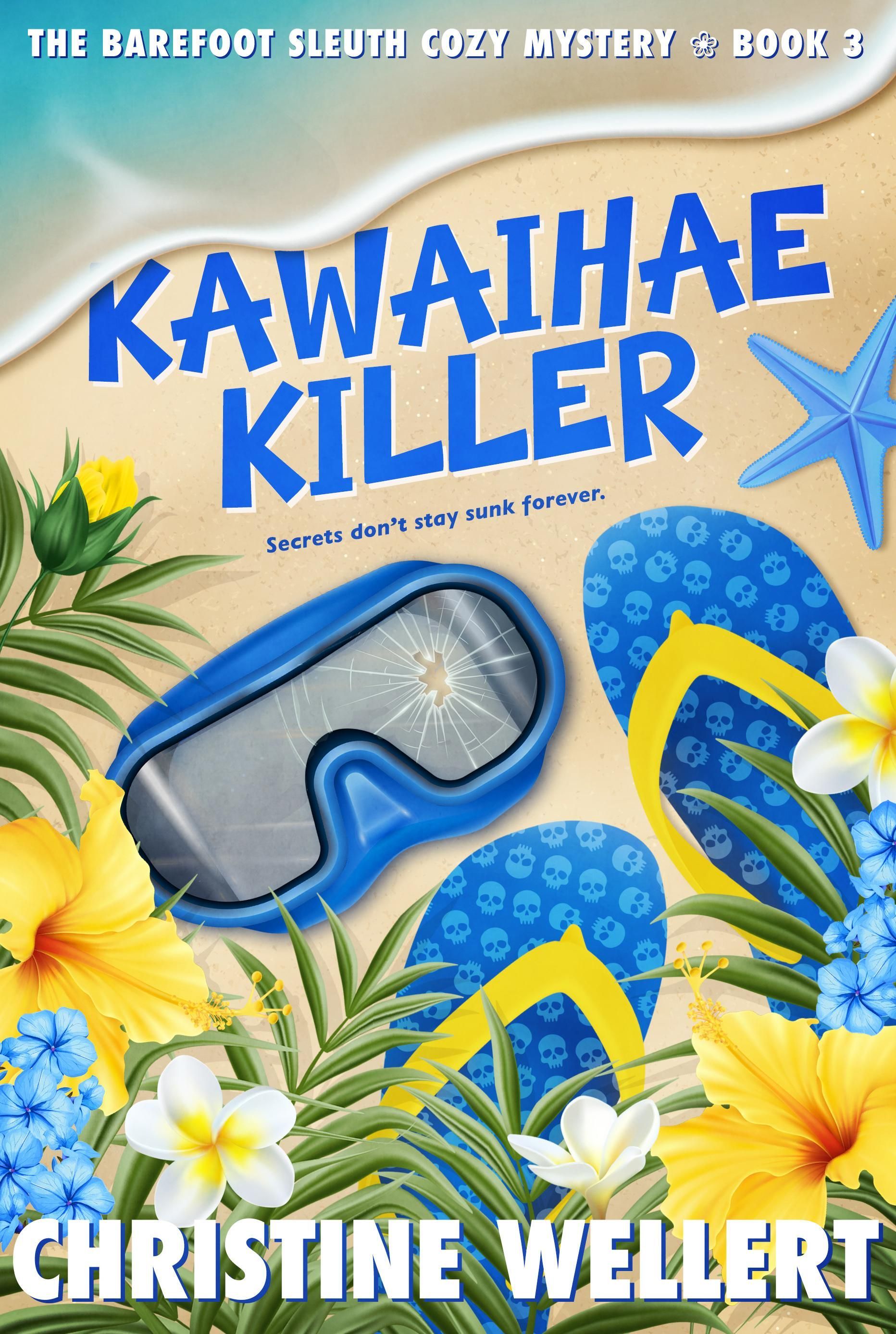 Book cover: Waikoloa Warfare, beach ball on sand, palm leaves, pink title.