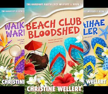 Book cover: Waikoloa Warfare, beach ball on sand, palm leaves, pink title.