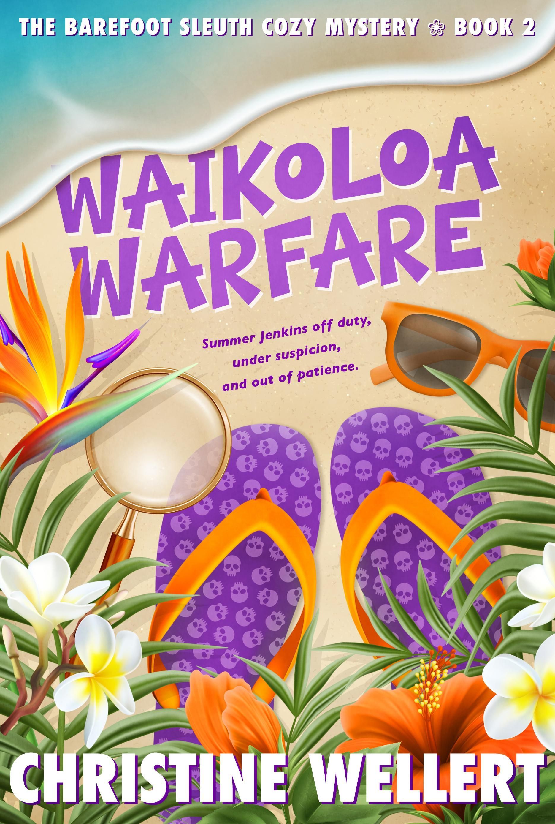 Book cover: Waikoloa Warfare, beach ball on sand, palm leaves, pink title.