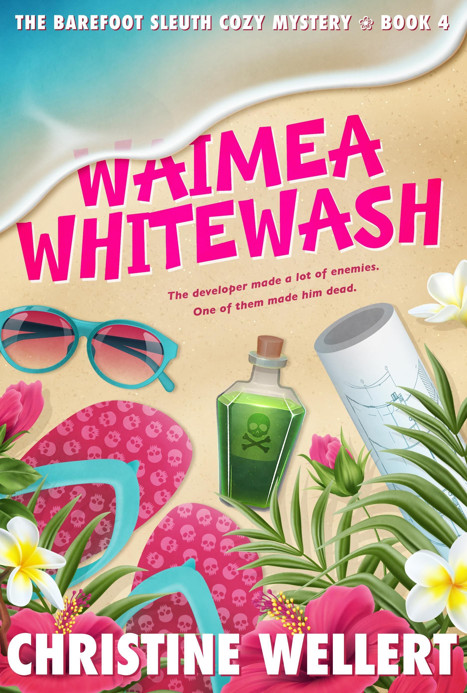 Book cover: Waikoloa Warfare, beach ball on sand, palm leaves, pink title.