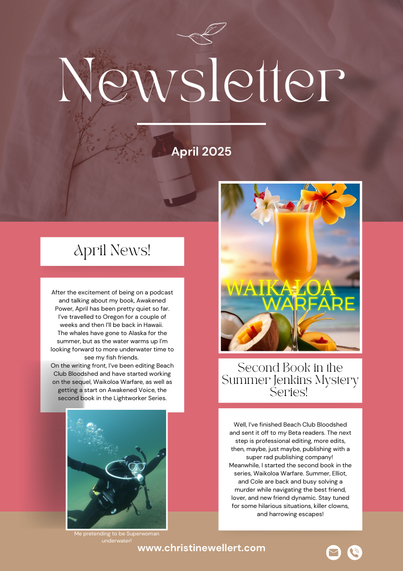 Newsletter layout featuring cocktail, scuba diver, and text boxes on pink background.
