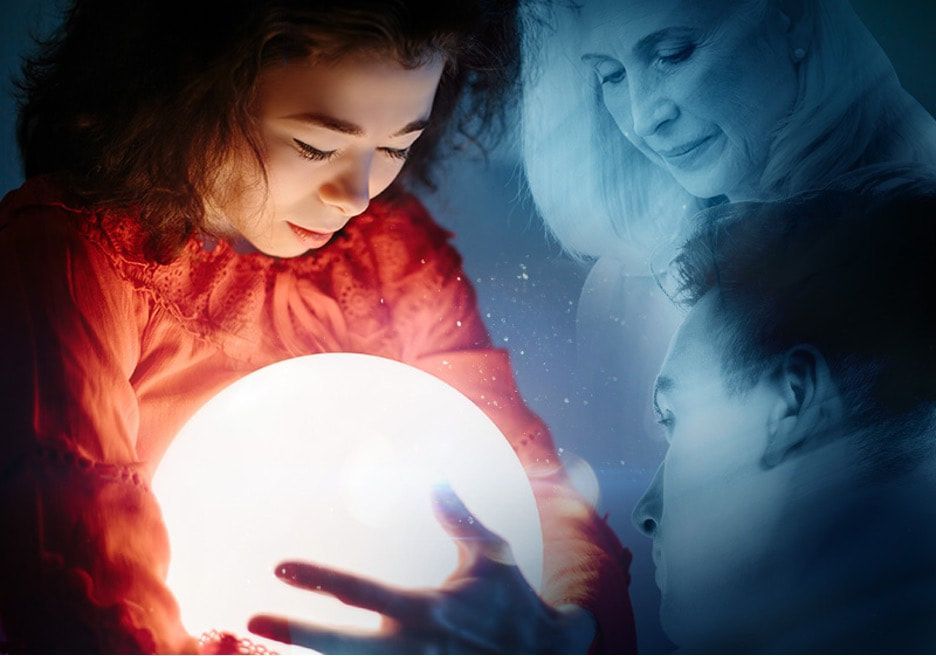 Woman gazing into a glowing orb, two translucent figures behind her, possibly seeing the future.