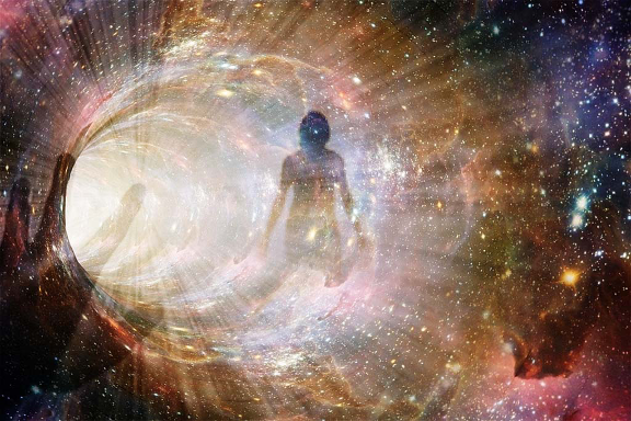 A person is walking through a tunnel in the middle of a galaxy. Woman suspended in a cosmic tunnel with swirling light and stars.
