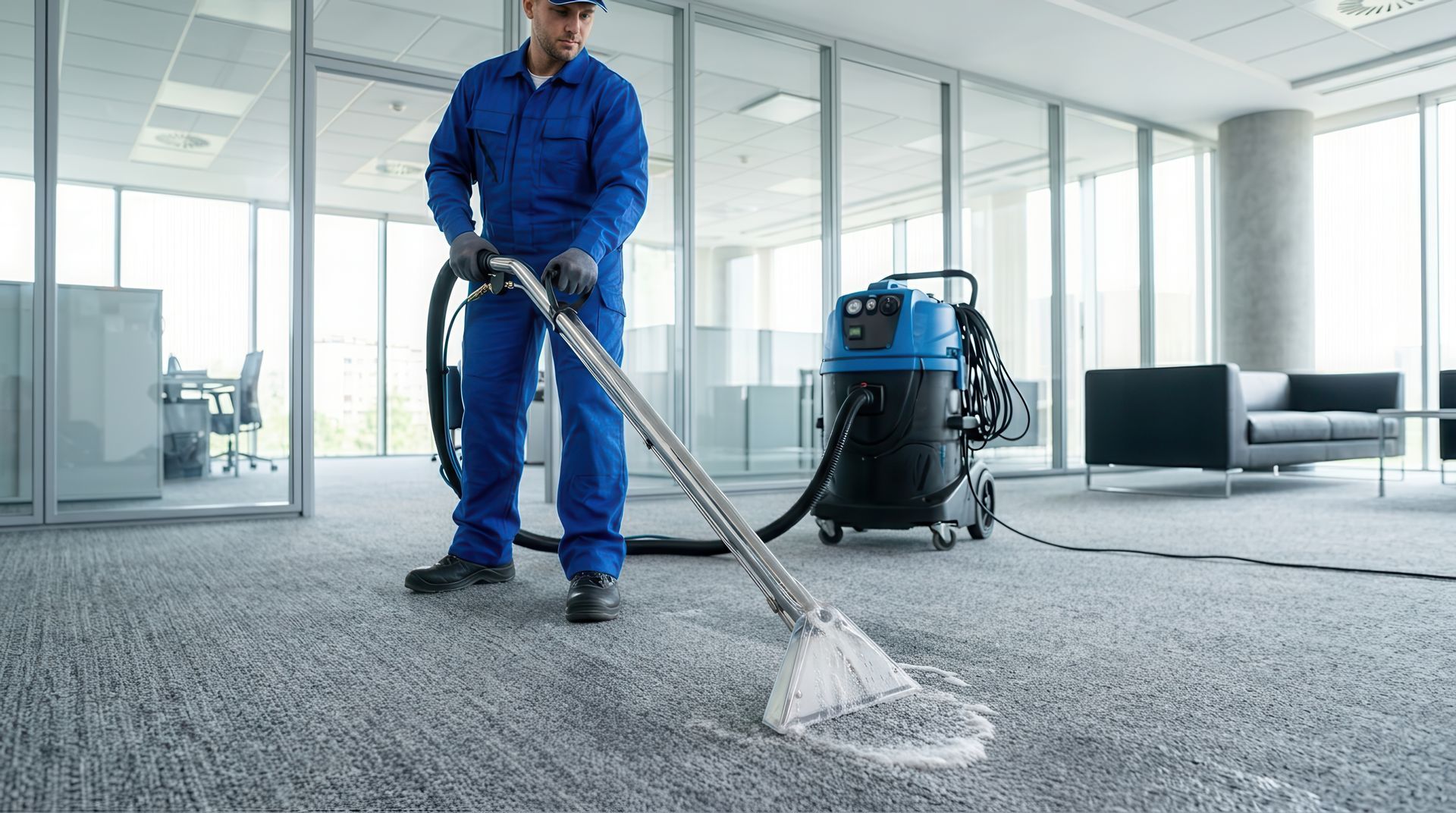 Worker vacuuming carpet in a bright office with a large cleaning machine nearby