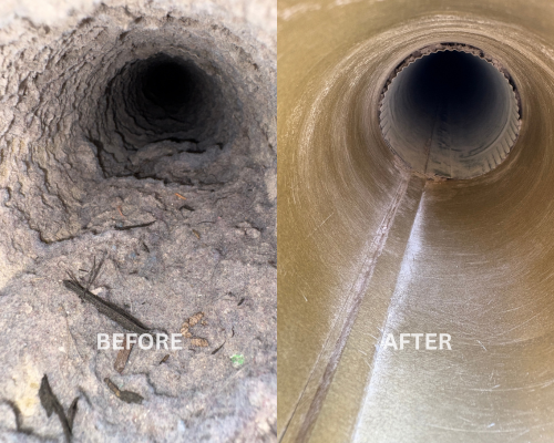 Before and after photos of a dryer vent duct, showing thick dust buildup before cleaning and clean metal after.