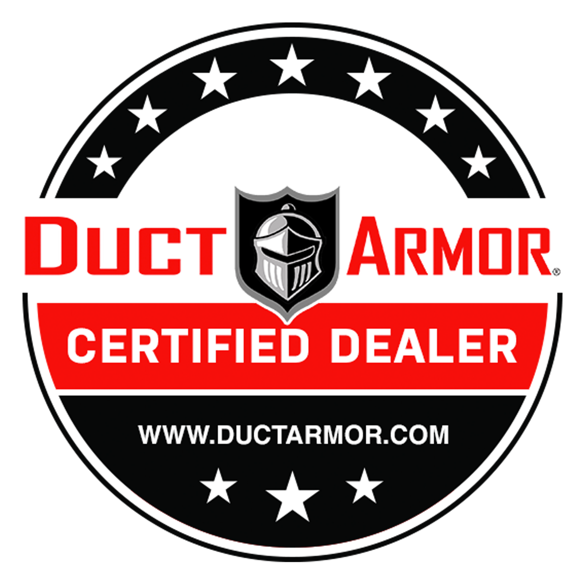 Duct Armor Certified Dealer logo. Black and red circle with text and a knight helmet icon. Website address included.