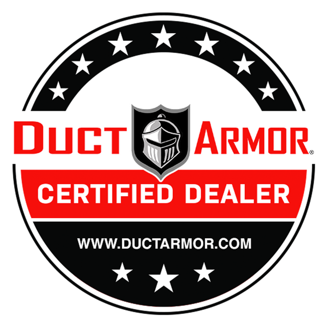 Duct Armor Certified Dealer logo. Red, black, and white circular design with a helmet graphic and website address.