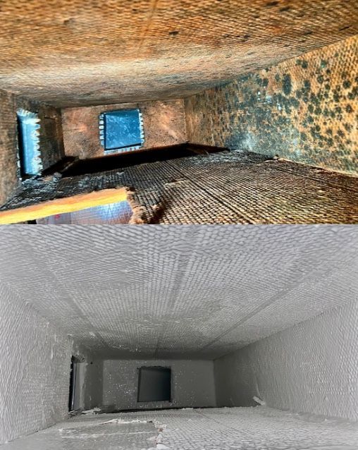 Top: A dirty, rectangular air duct interior with visible debris and mold. Bottom: A clean, white air duct interior.