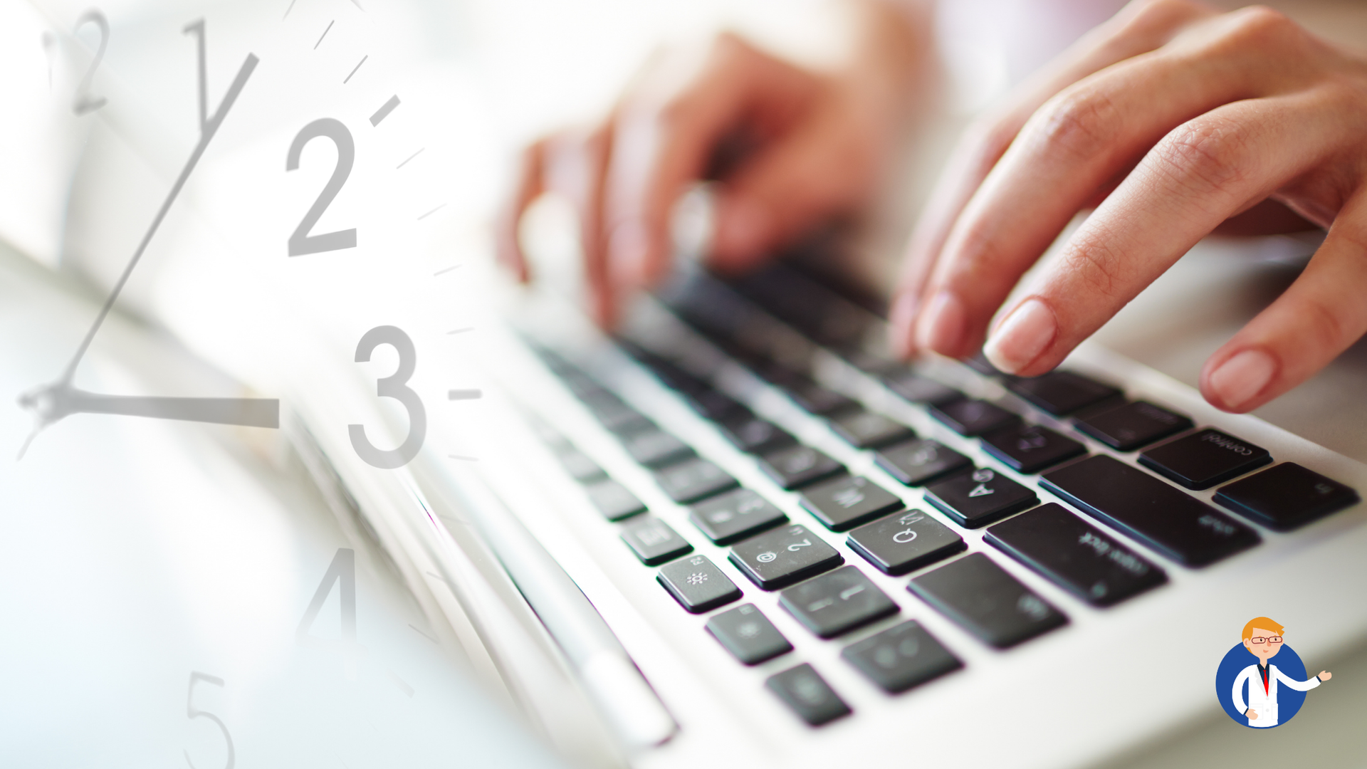 A person is typing on a laptop with a clock in the background.