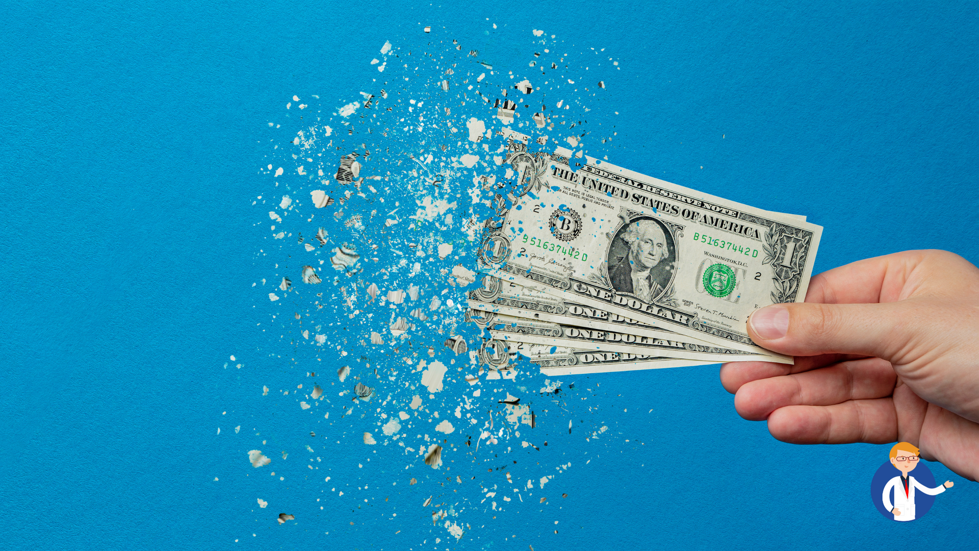 A person is holding a stack of money that is breaking into pieces.