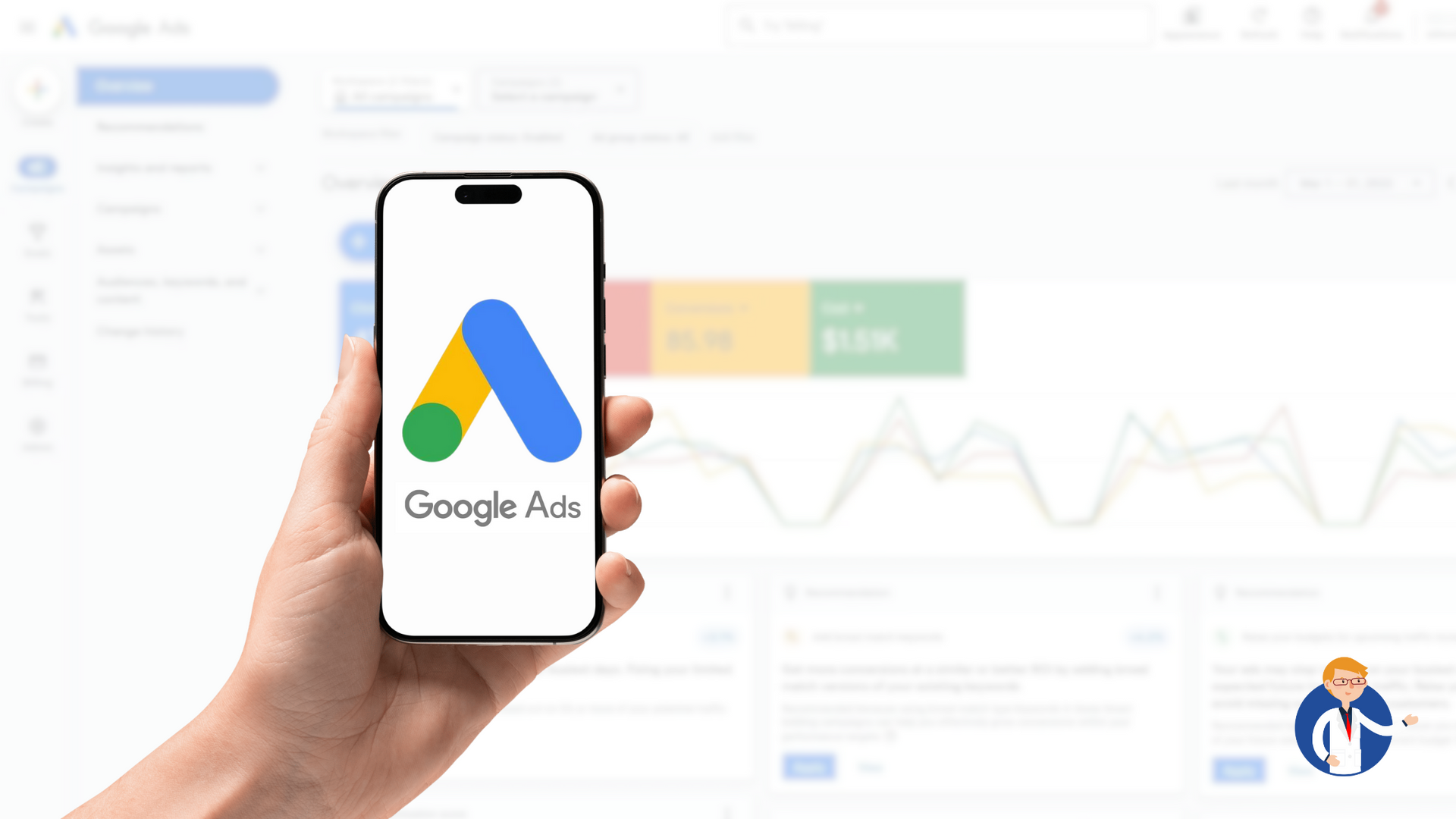 A person is holding a cell phone with a google ads logo on it.