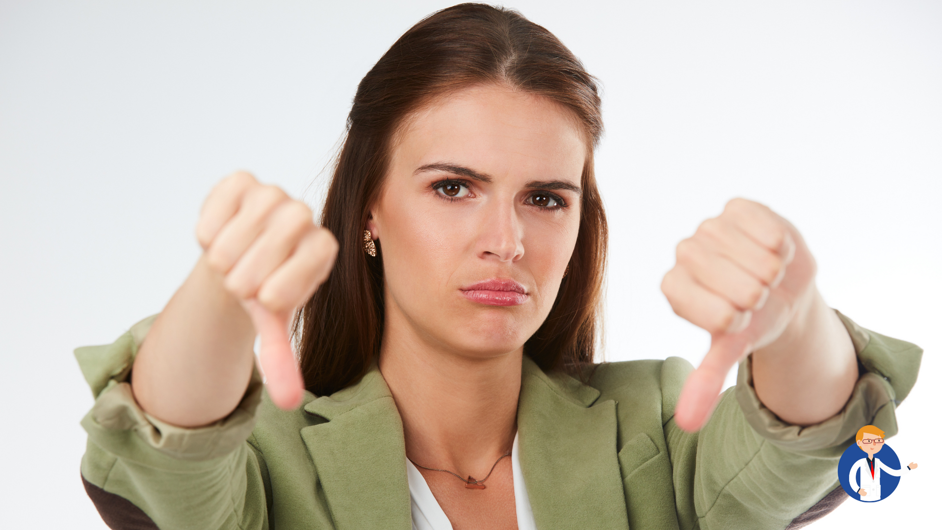 A woman in a green jacket is giving a thumbs down sign