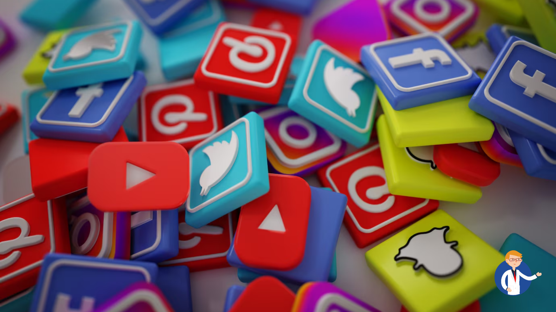 A pile of colorful social media icons on a table.