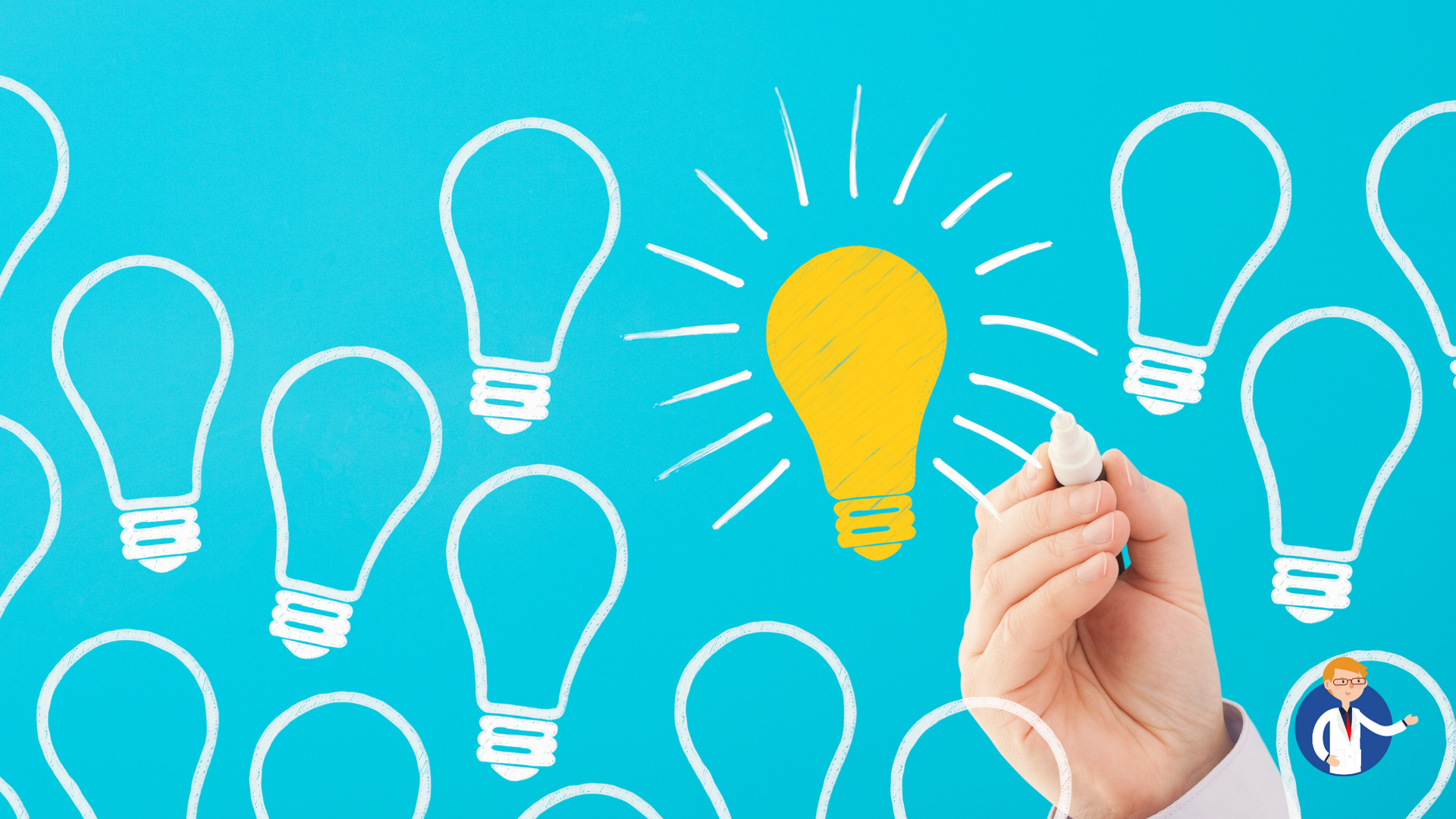Hand highlighting a yellow lightbulb amidst white lightbulb outlines on blue background.
