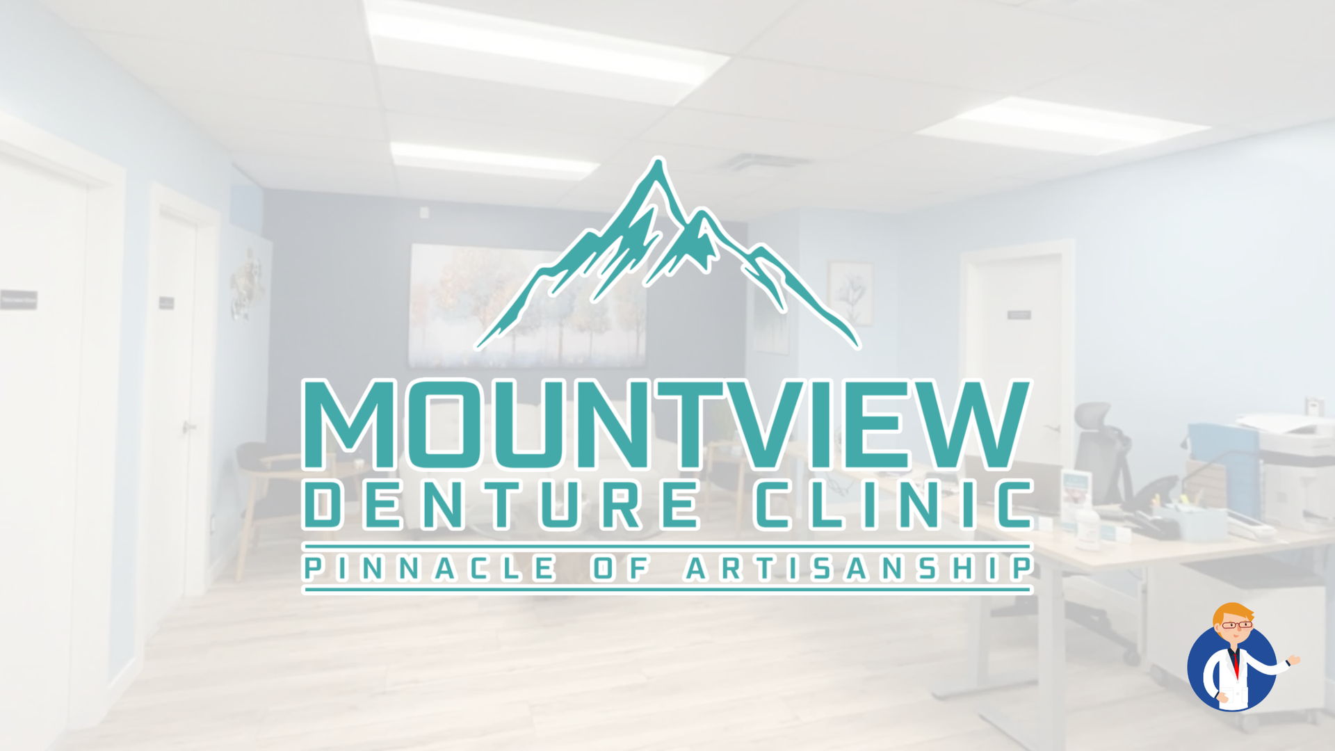 Mountview Denture Clinic logo over a dentist office background; mountain peak design with teal text.