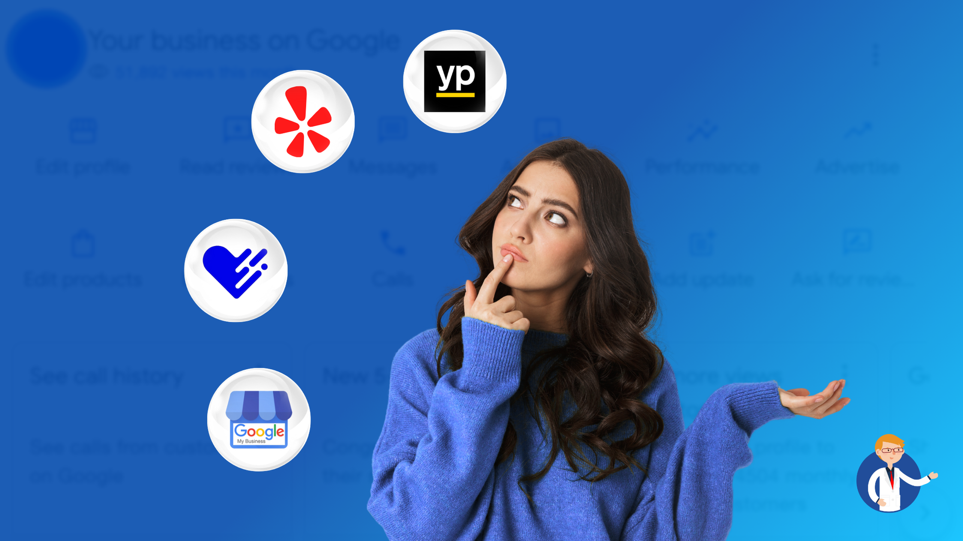 A woman in a blue sweater is looking up at various icons on a blue background.