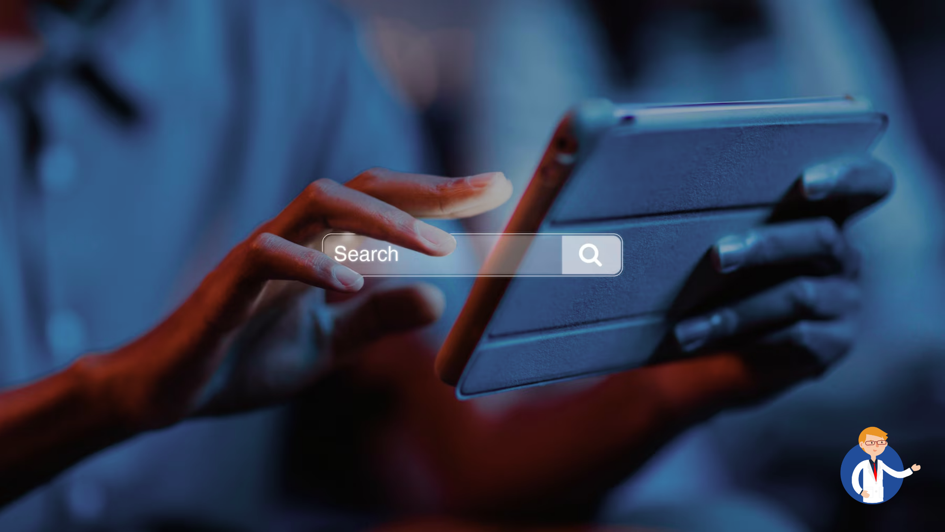 A person is using a tablet computer with a search bar on the screen.