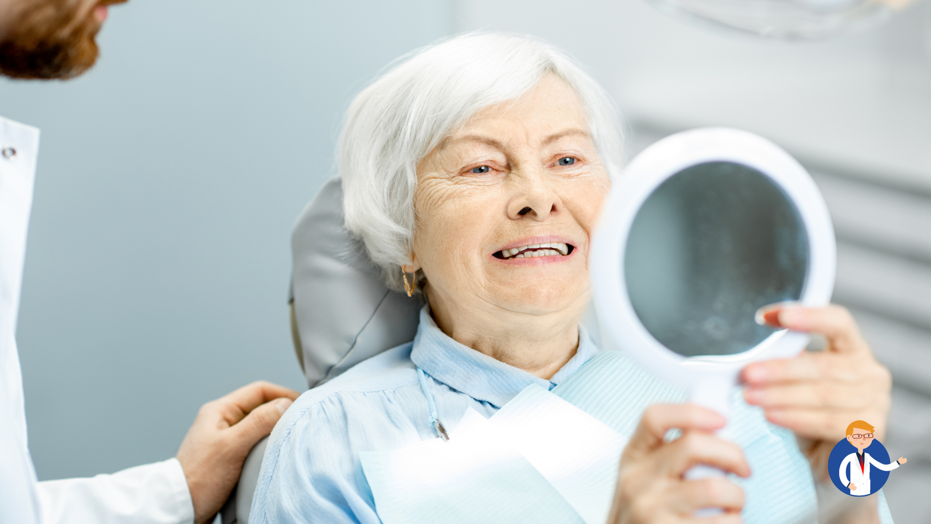 Woman looking at teeth in mirror at dentist's office with doctor nearby.