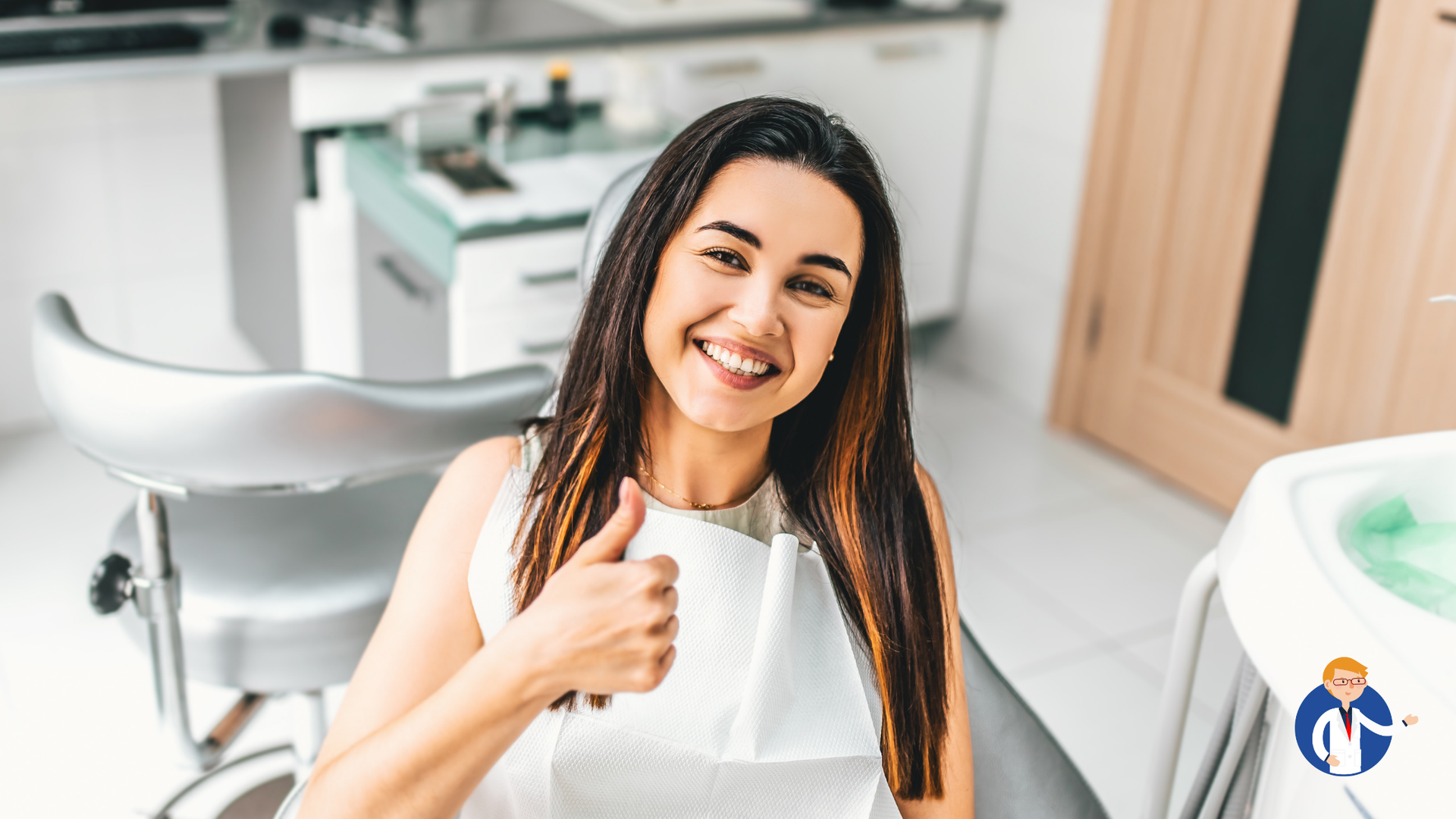 Woman in dentist chair gives thumbs up, smiling. Dental office setting.