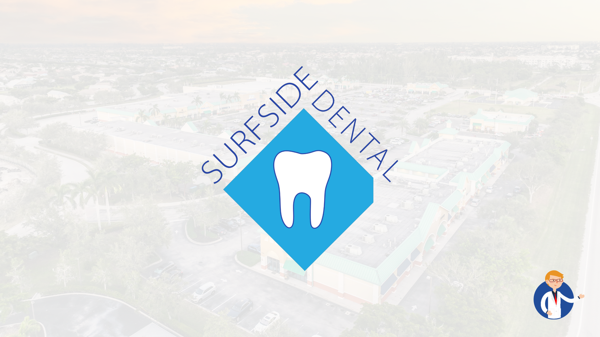 Surfsided Dental logo with a tooth in a blue diamond over a blurred aerial view.