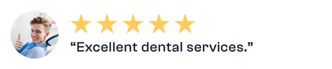 Five-star dental review with smiling profile photo and quote, “Excellent dental services.”