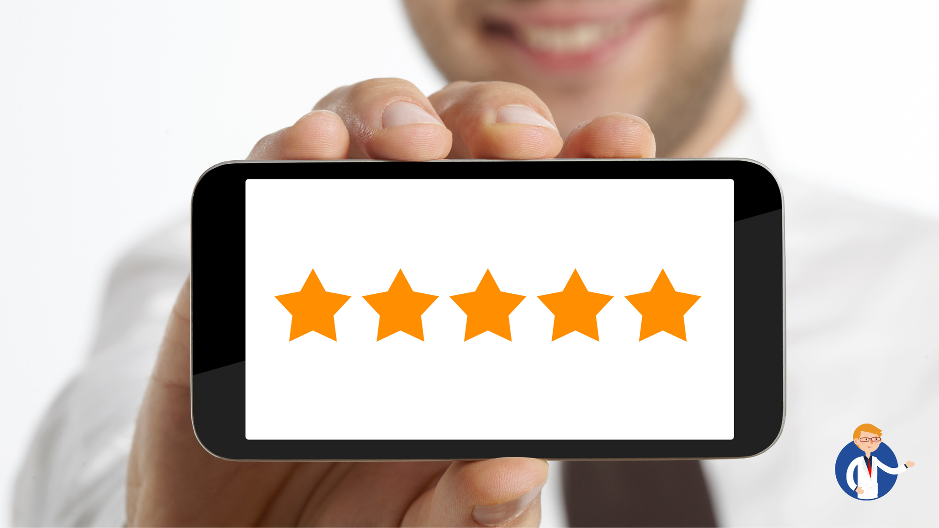 A man is holding a cell phone with five stars on it.