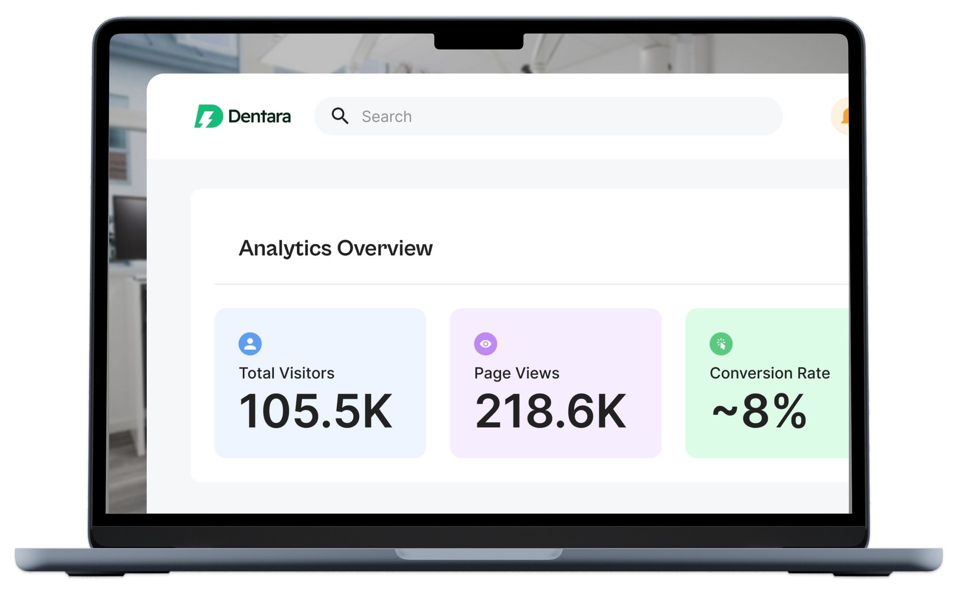 Laptop screen showing an analytics dashboard with three metric cards in blue, purple, and green.