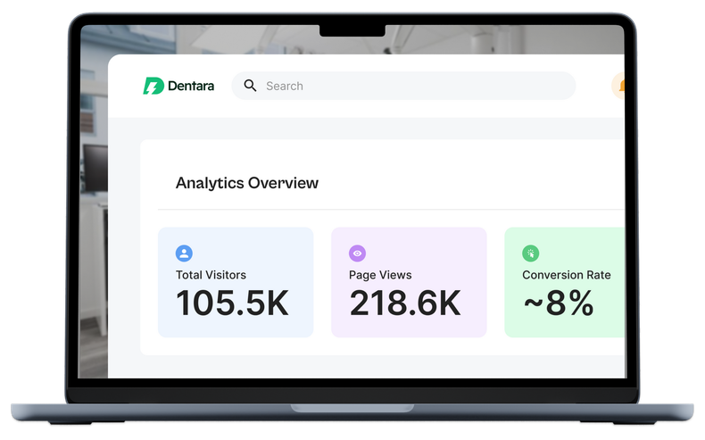 Laptop screen showing an analytics dashboard with three metric cards in blue, purple, and green.