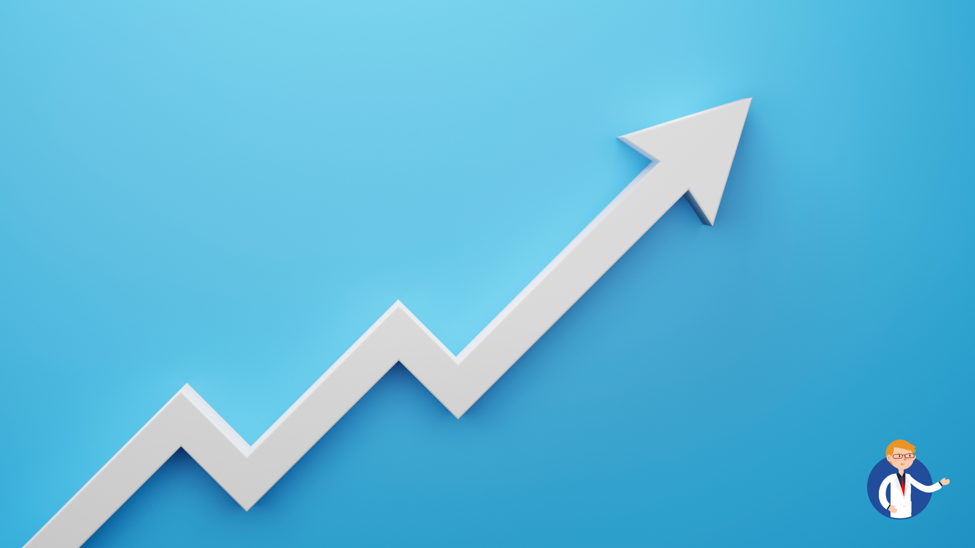 White arrow pointing upwards against a blue background, suggesting growth.