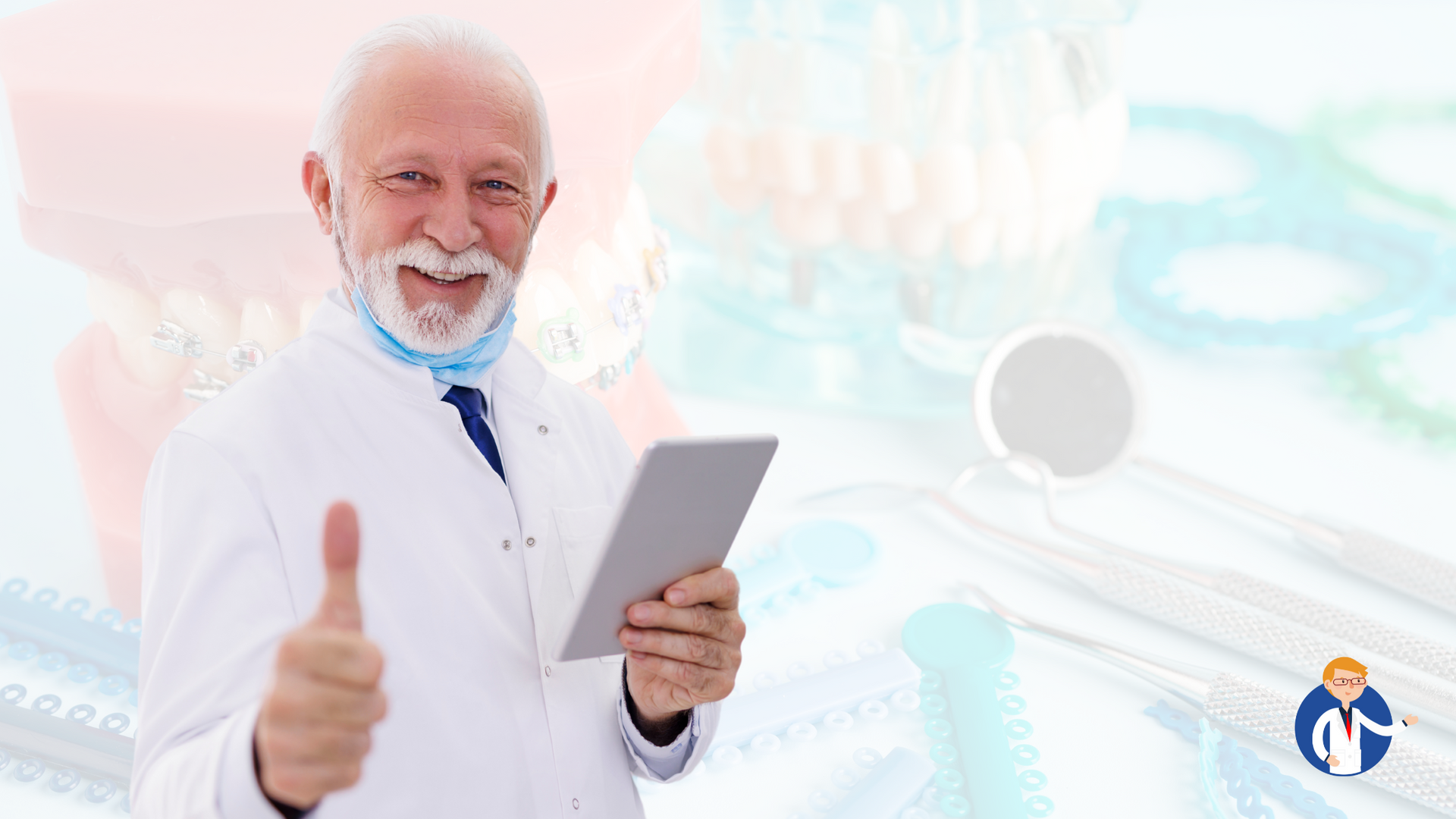 A dentist is holding a tablet and giving a thumbs up.