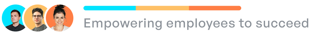 Illustration of three people with colorful speech bubbles and the text “Empowering employees to succeed”