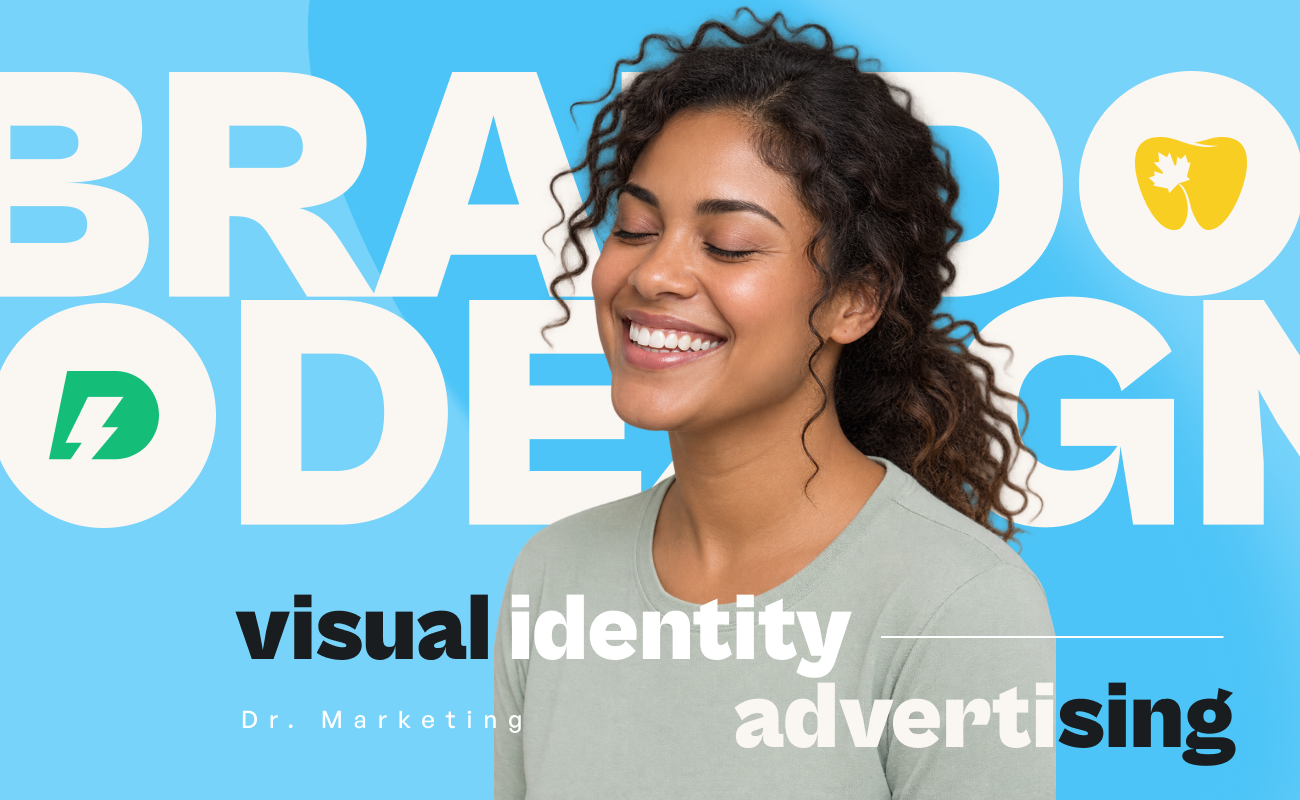 Smiling woman in front of blue branding text with “visual identity” and “advertising” text.
