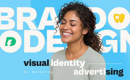 Smiling woman in front of blue branding backdrop with large white text and icons