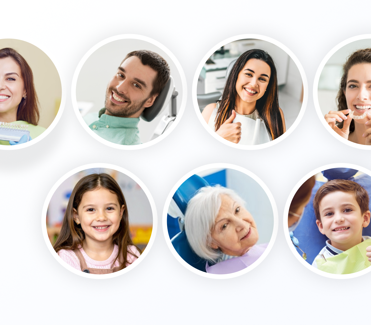 Seven smiling people in circular profile photos on a white background