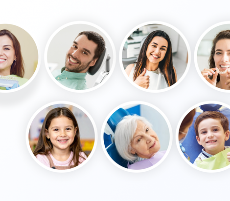 Seven smiling people in circular profile photos on a white background